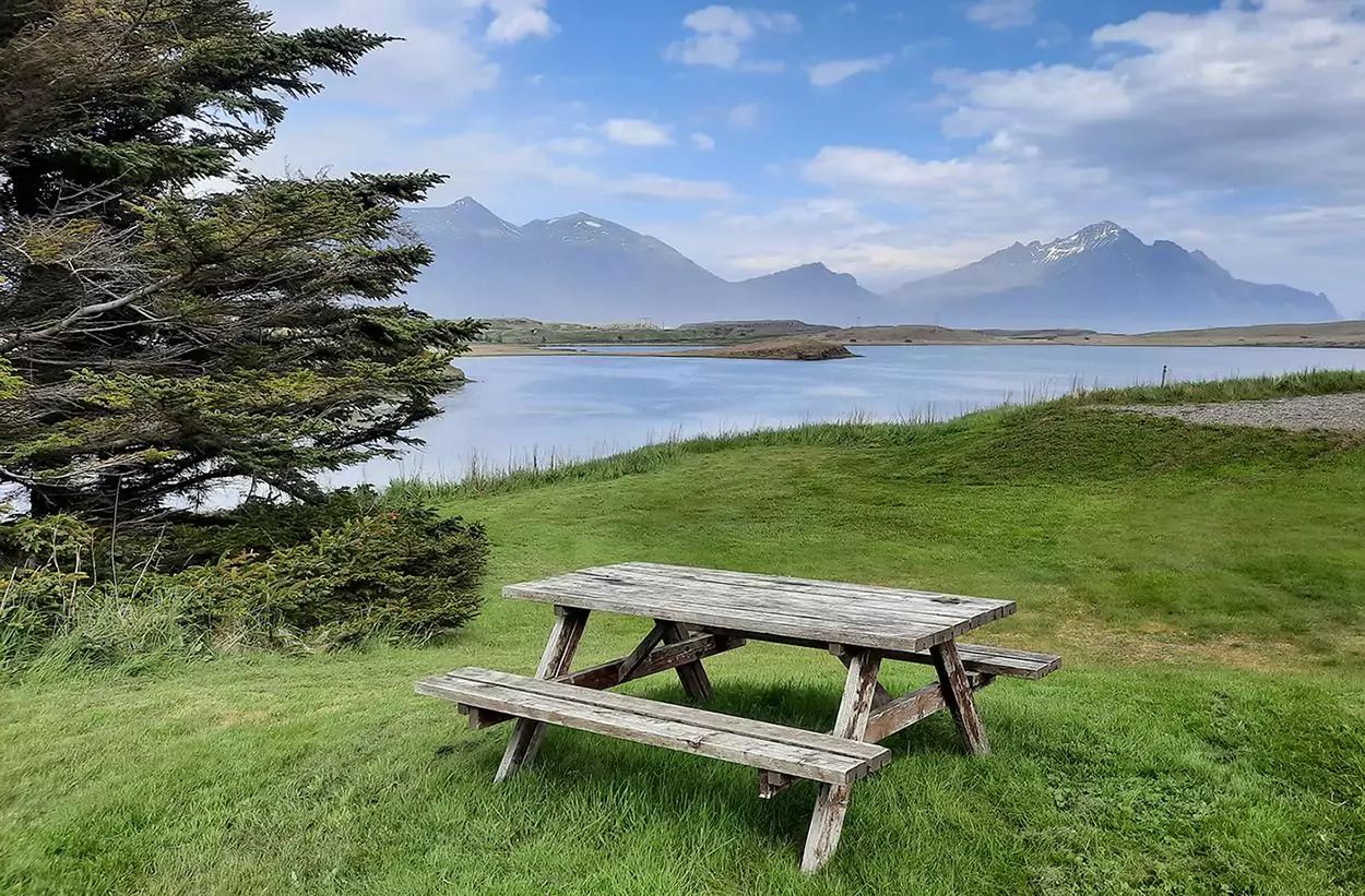 hofn iceland camping bench meadow